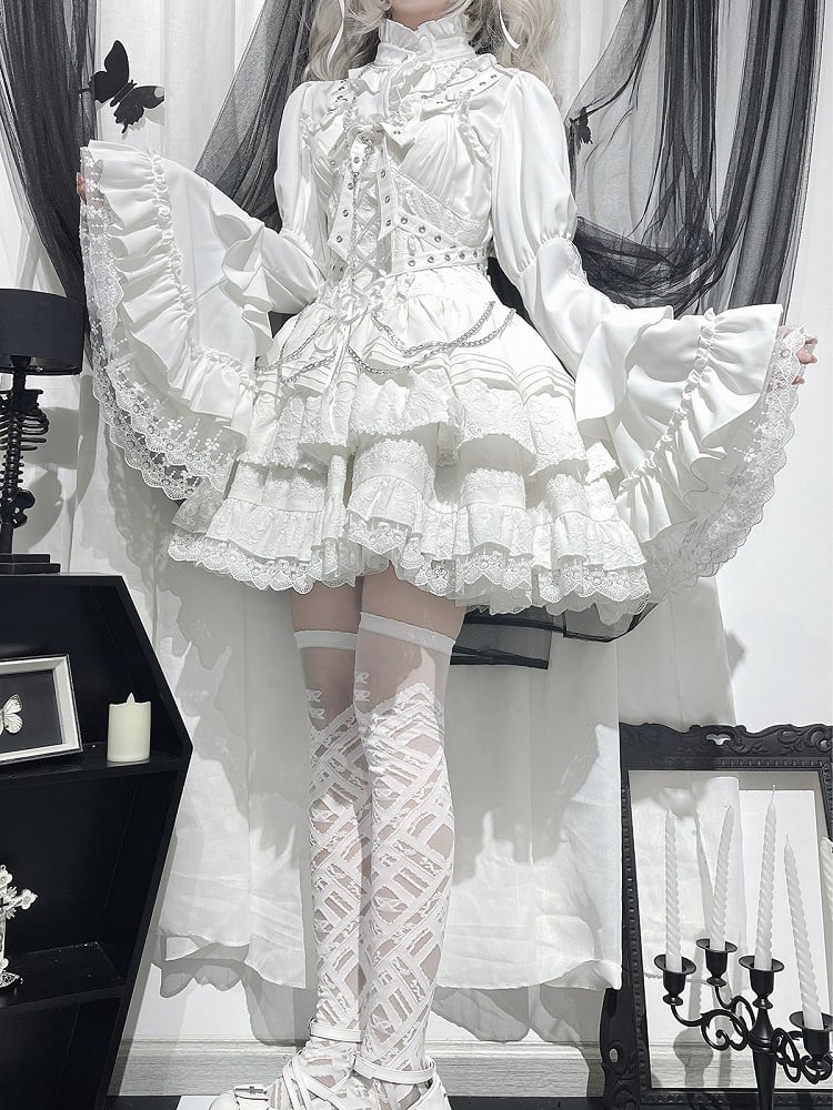 White Ruffle Neckline Gothic Bell Sleeves Shirt
