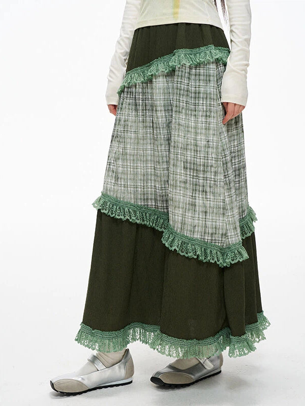 Serenity Sweety Green Plaid Patchwork Skirt with Lace Trim