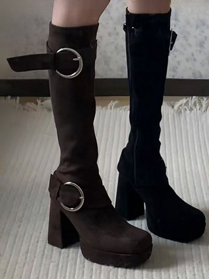 Buckle Details & Inner Zip Closure Square Toe Brown Knee-High Boots with Platform High Block Heel