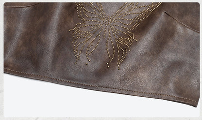 Dark Brown Wasteland Punk Halter Neck PU Butterfly Top