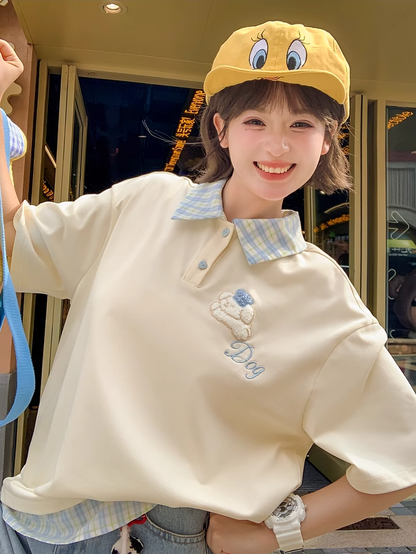 Blue Plaid Collar and Hem Puppy Embroidery Apricot Loose T-shirt