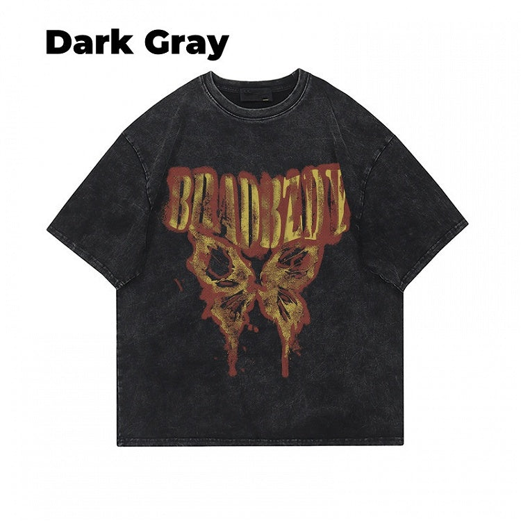 Dark Gray/Brown/Black/White Butterfly Print Vintage Loose T-Shirt