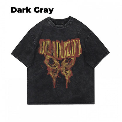 Dark Gray/Brown/Black/White Butterfly Print Vintage Loose T-Shirt