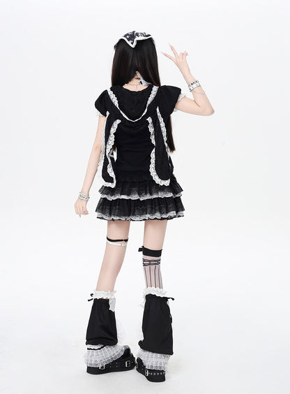 Bunny Ears Design Hood Lace Trim Black/White Jirai Kei Zip-up Jacket