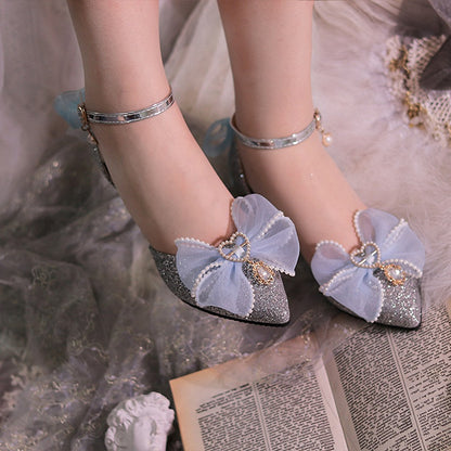 Silver & Light Blue Beaded Bowknot Accents Pointed Toe Hime Lolita Middle Heels
