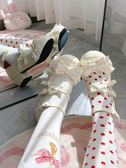 Yellow Sweet Lolita Mary Janes - Mid-heel Design with Lace Trim, Bow & Practical Heart Buckle Snap