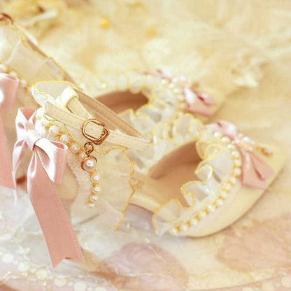 Beige Bow Accent Bead Decorated Pointed Toe Hime Lolita 5CM/8CM Heels