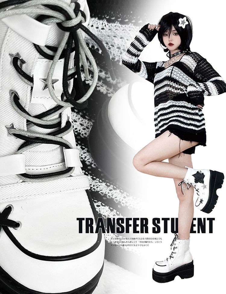 Star Appliques Punk White Denim Platform Ankle Boots