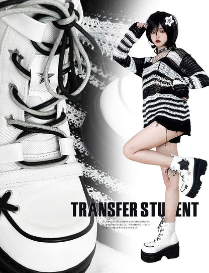 Star Appliques Punk White Denim Platform Ankle Boots
