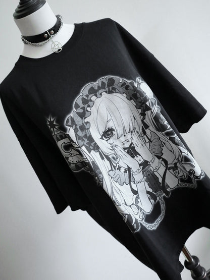 Black&White Jirai Kei Cartoon Girl Print Round Neck T-shirt