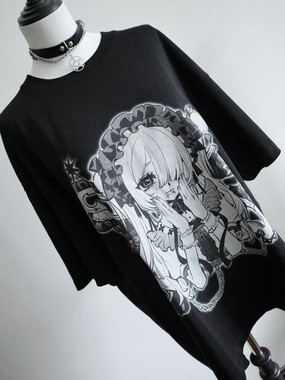 Black&White Jirai Kei Cartoon Girl Print Round Neck T-shirt