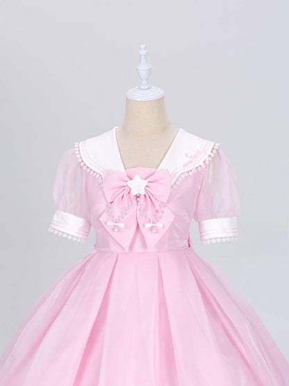 Star Lace Trimmed Sailor Collar Short Sleeves Pink Lolita Dress with a Free Bowtie Magical Girl Dress