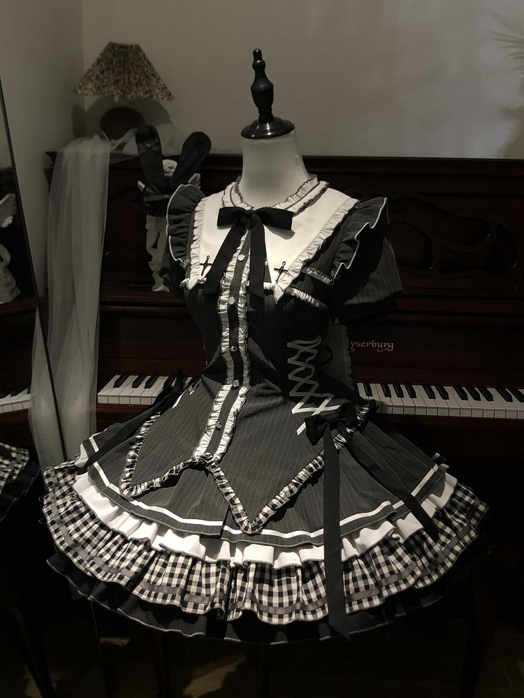 Dark Gray Gothic Lolita Short Sleeves Striped Dress with Bunny Ears at Back Collar