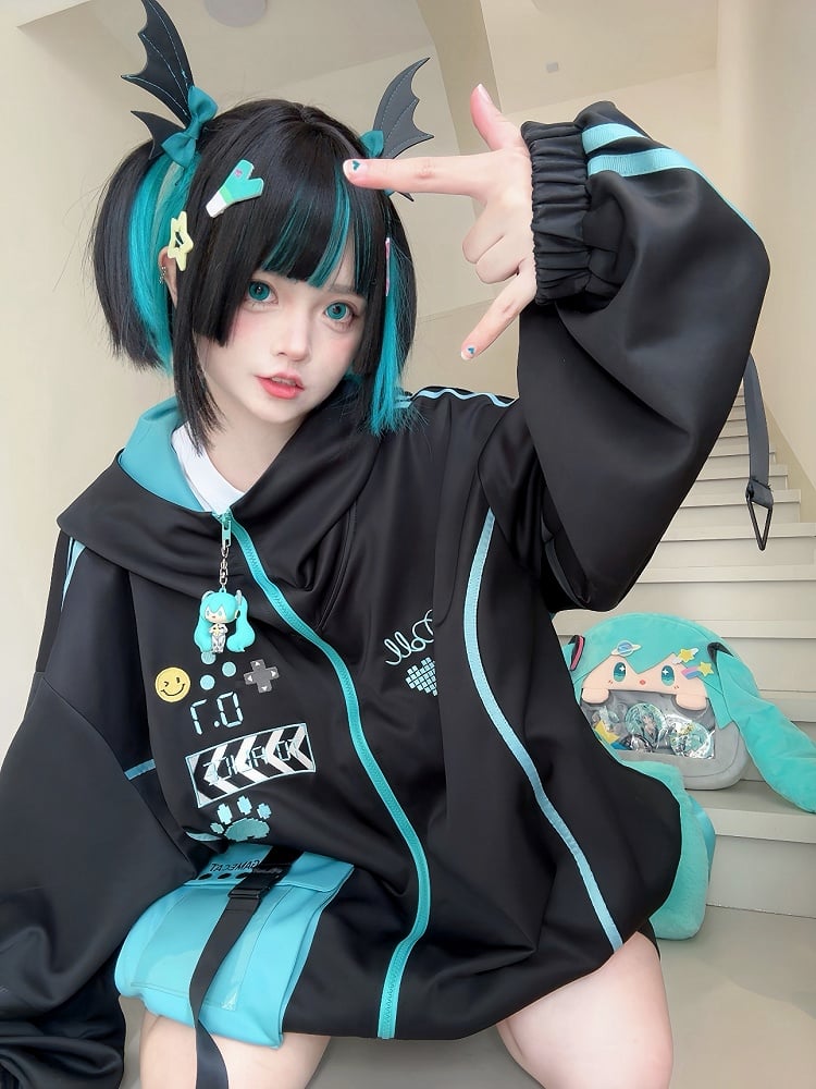 Black and Blue Futuristic Techwear Cyberpunk Hooded Jacket