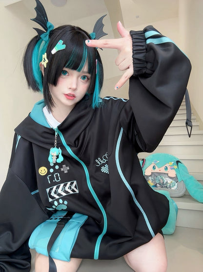 Black and Blue Futuristic Techwear Cyberpunk Hooded Jacket