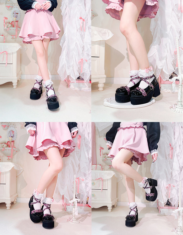 Rhinestoned Heart Design Black and Pink Jirai Kei Buckle Ankle Strap Platforms with Cross Chain