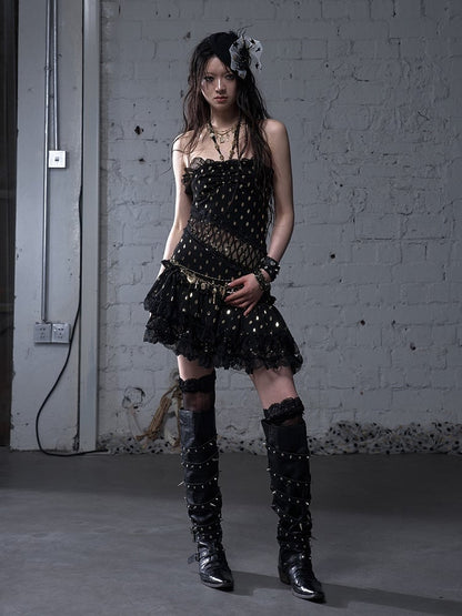 Beige/Black Halter Neck Lace Patches Waist Polka-dot Vintage Strapless Dress