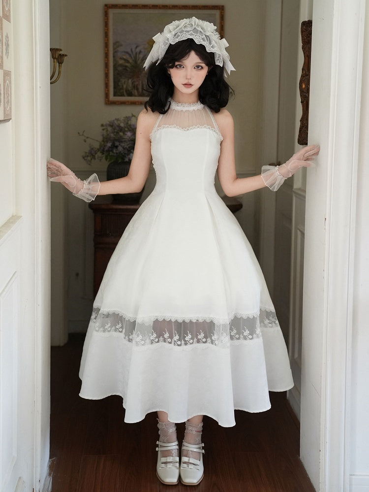 Rosette Jacquard Fabric All White Illusion Halter Neck Lace Panels Prom Dress