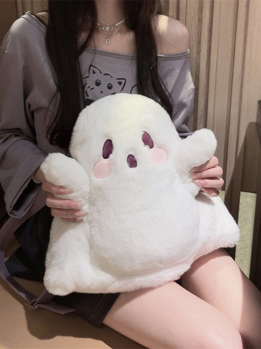 White Ghost-shaped Fleece Backpack With Taro Purple Straps