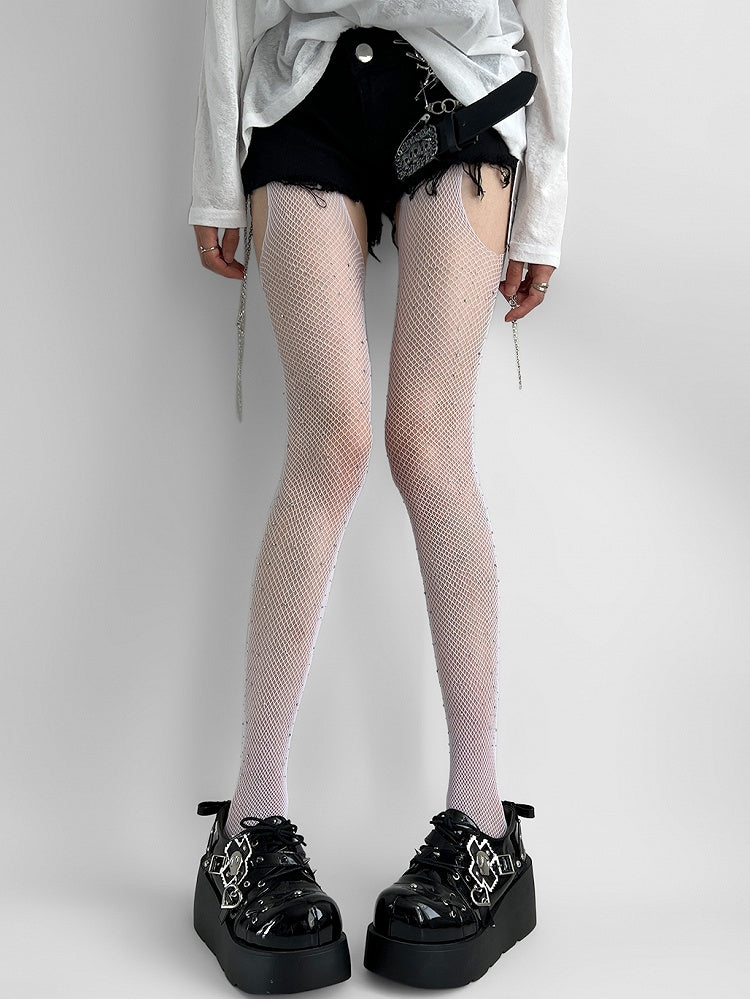 White/Black Rhinestone Decorated Fishnet Suspender Tights