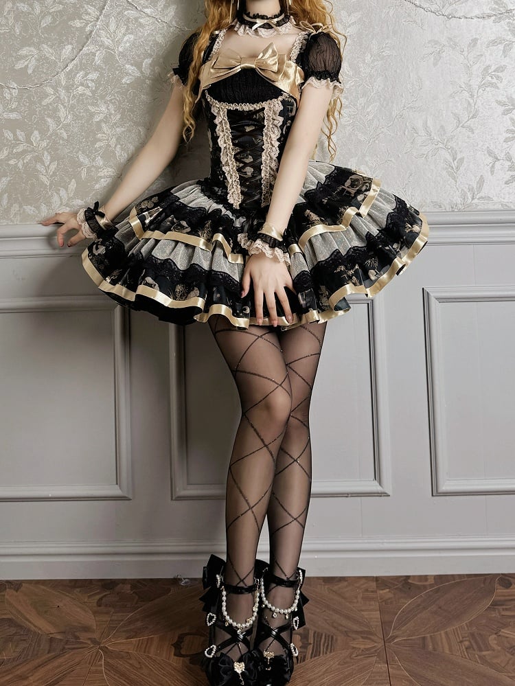 Bunny and Kitty Print Black and Gold Short Puff Sleeves Lolita Corset Dress