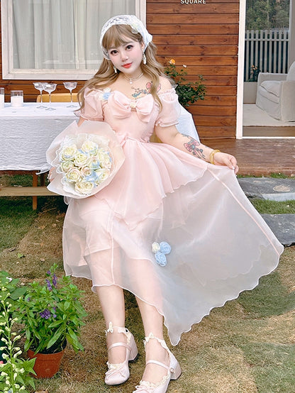 Plus Size Bowknot Details Light Pink Puff Sleeves Princess Dress Long Version