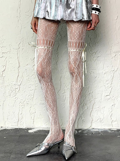 White Y2K Self-tie Straps Hollow-out Design Tights