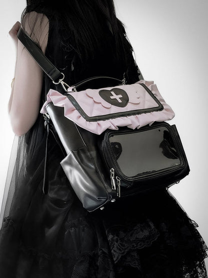 Black & Pink Jirai Kei Ita Bag – Heart & Angel Wings Decoration, Harajuku Style