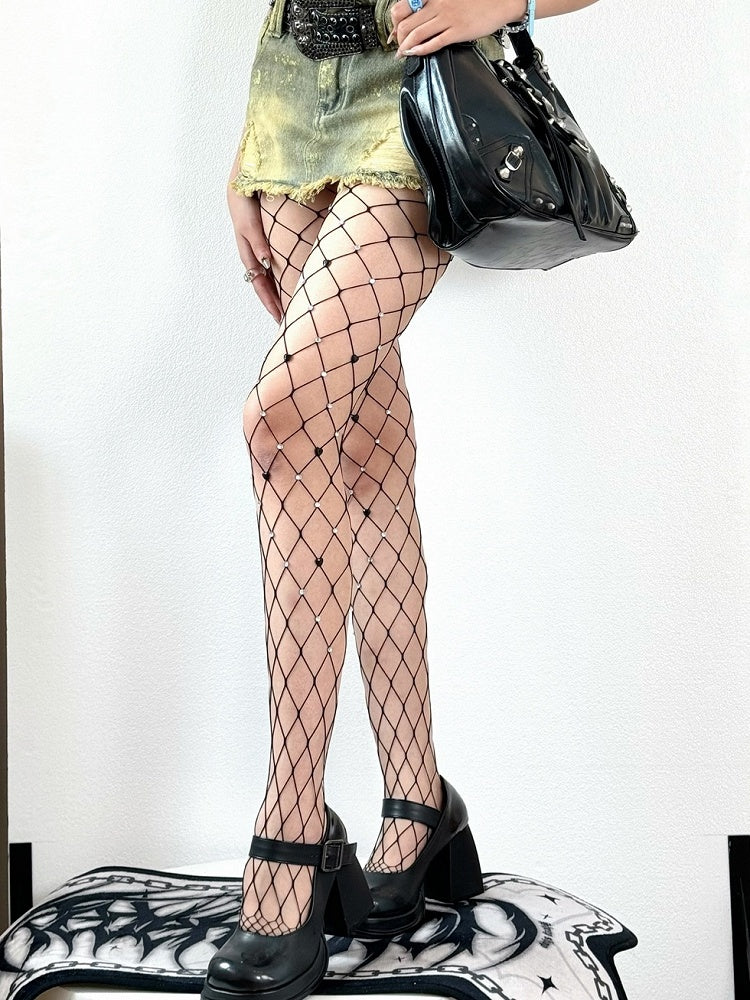 Red/Black Y2K Rhinestone Decorated Fishnet Design Tights