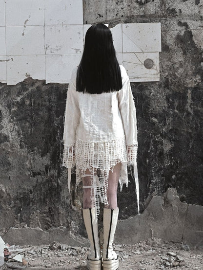 White Angel Print Cutout Shoulders Punk Oversize Sweat Shirt