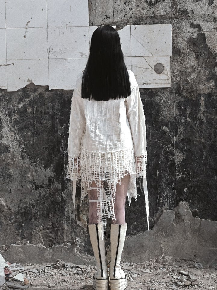 White Angel Print Cutout Shoulders Punk Oversize Sweat Shirt