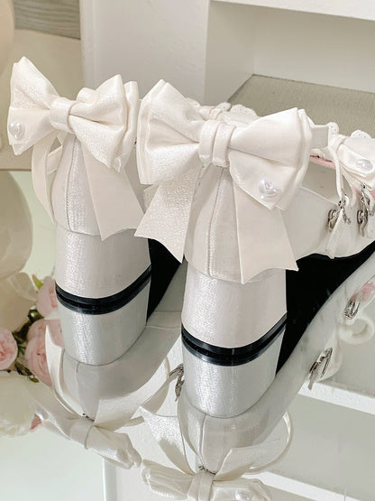 White Crisscross Design Bow at Top Heart Buckles Sweet Lolita Shoes With Dual Detachable Buckle Ankle Straps