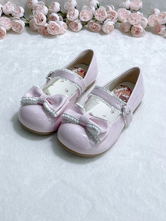 Light Pink Mary Janes for Lolita Fashion - Round Toe with Ruffles Edging, Heart Clasp & Decorative Bow