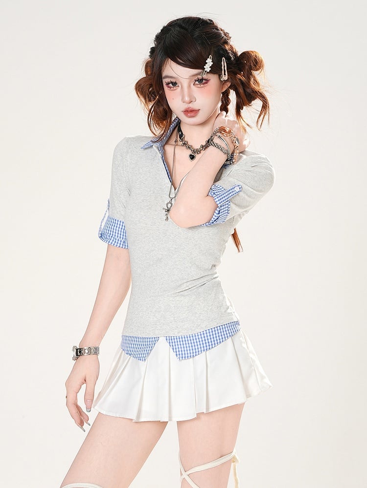 Blue Plaid Hem Gray Polo Collar Preppy Style Slim-fitting T-shirt