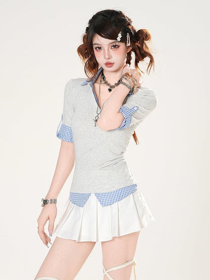 Blue Plaid Hem Gray Polo Collar Preppy Style Slim-fitting T-shirt