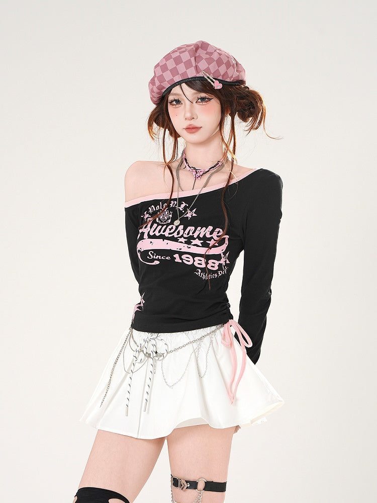Black/White Asymmetrical Neckline Drawstring Waist Graphic Top