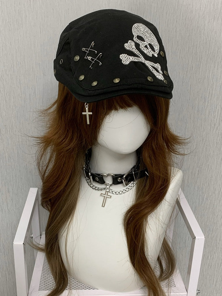 Black Punk Studs And Pin Details Rhinestone Skeleton Decorated Beret Hat