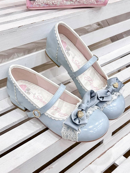 Blue Sweet Berry Low Heels in Lolita Style with Top Bow & Ring Buckle