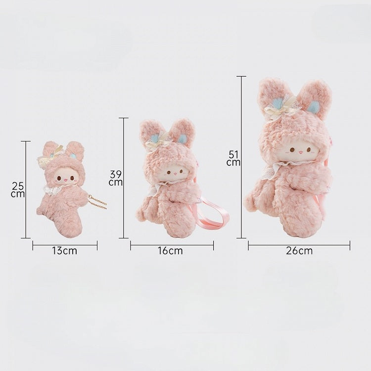 Pink Rabbit Bowknot Lace Details Plush Backpack + Keychain