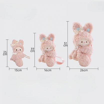 Pink Rabbit Bowknot Lace Details Plush Backpack + Keychain