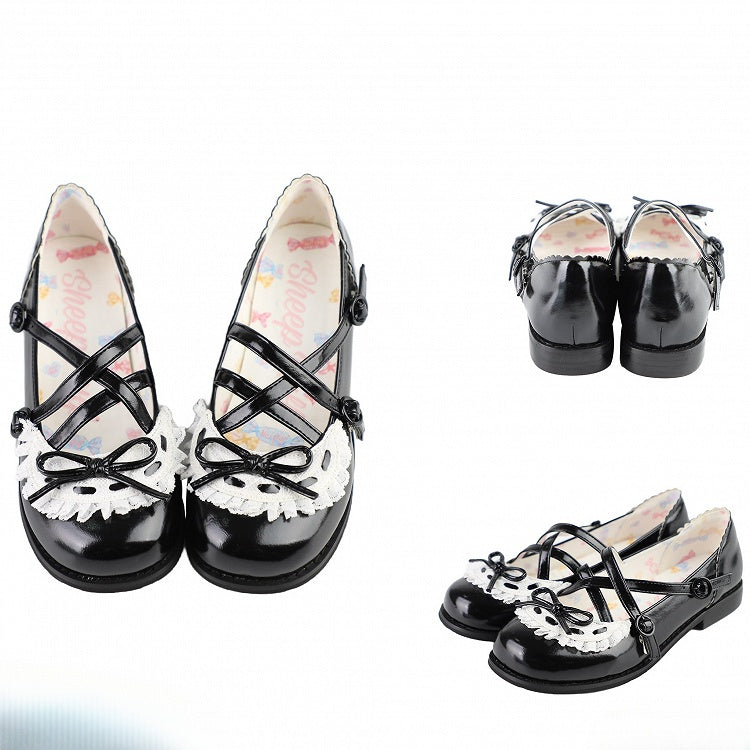 Black Crisscross Design Lace Trim Bow at Top Lolita Shoes