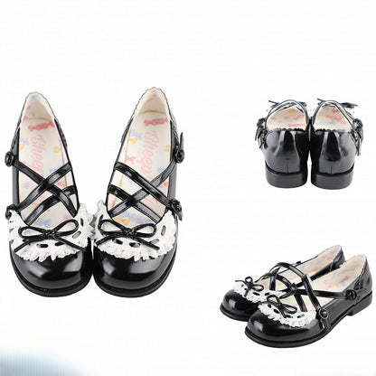 Black Crisscross Design Lace Trim Bow at Top Lolita Shoes