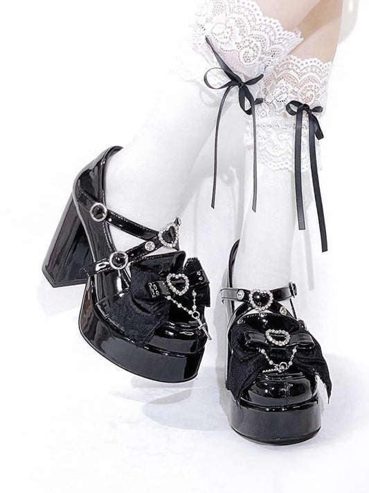Bow at Top Polished Black Crisscross Straps Jirai Kei Platforms Landmine Style High Heel Shoes