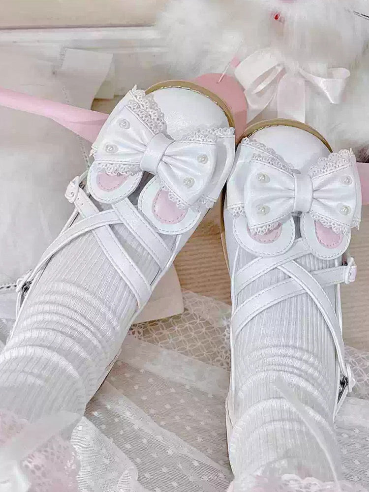 White Beaded Decorated Bow at Top Crisscross Design Bunny Ear Lolita Shoes