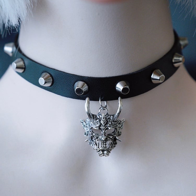 Black&Silver Gothic Demon Mask Pendant Studs Design Buckle Choker