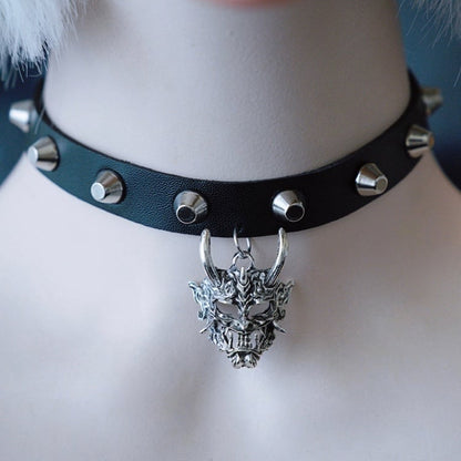 Black&Silver Gothic Demon Mask Pendant Studs Design Buckle Choker