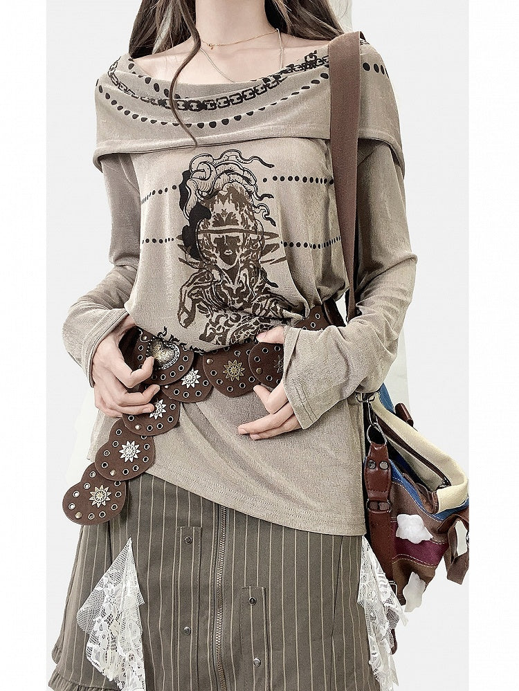 Khaki Millard Fashion Cowl Neckline Print Design Hoodie