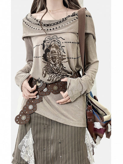 Khaki Millard Fashion Cowl Neckline Print Design Hoodie