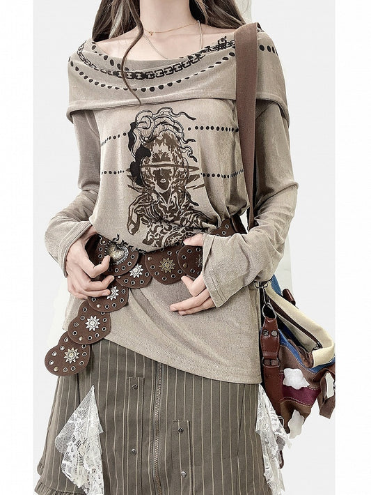 Khaki Millard Fashion Cowl Neckline Print Design Hoodie