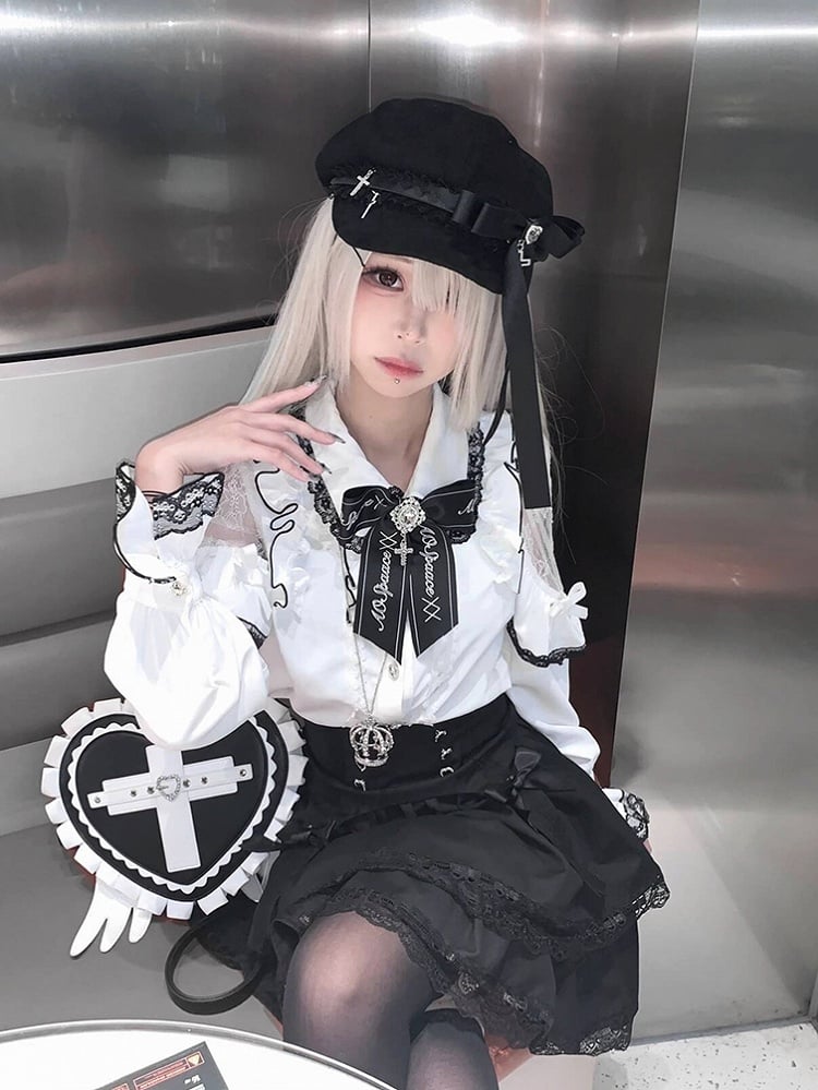 Jirai Kei Heart Backpack with Wings & Cross PU Leather in Black / Light Blue / Pink